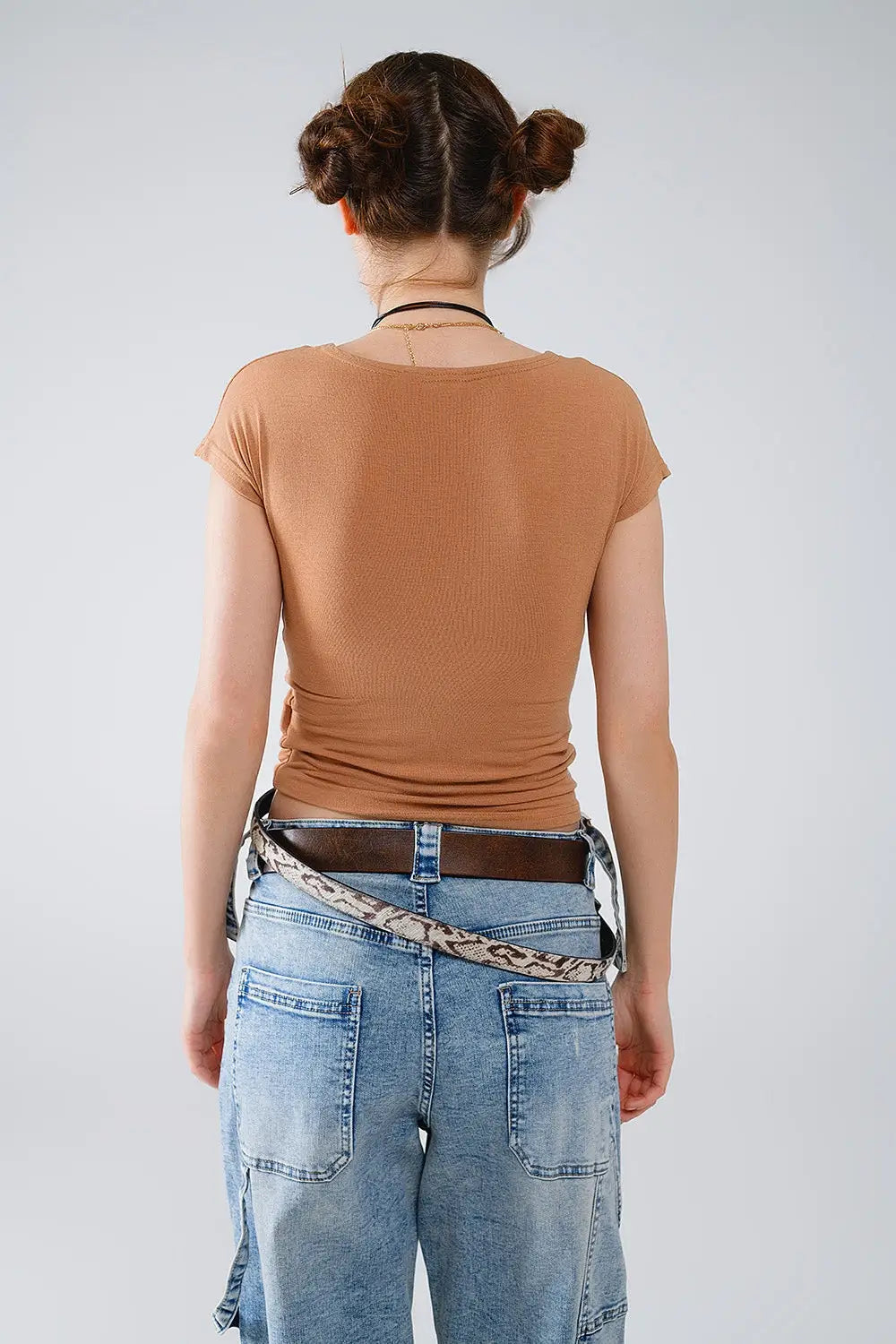 V-neck crossed drapped fitted top with cap sleeves in beige - Tops