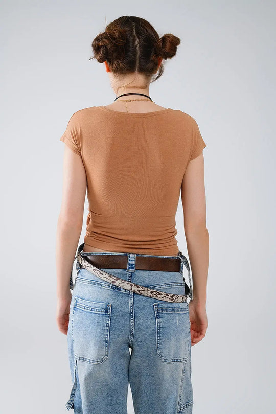 V-neck crossed drapped fitted top with cap sleeves in beige - Tops