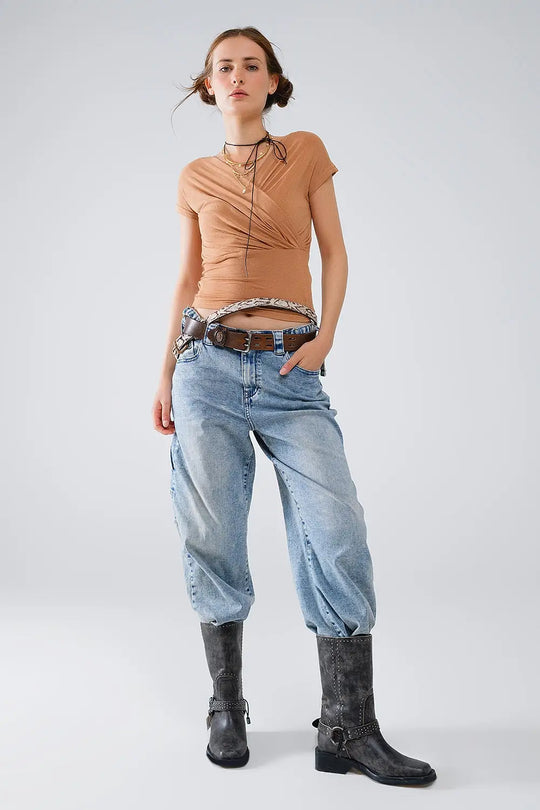 V-neck crossed drapped fitted top with cap sleeves in beige - Tops