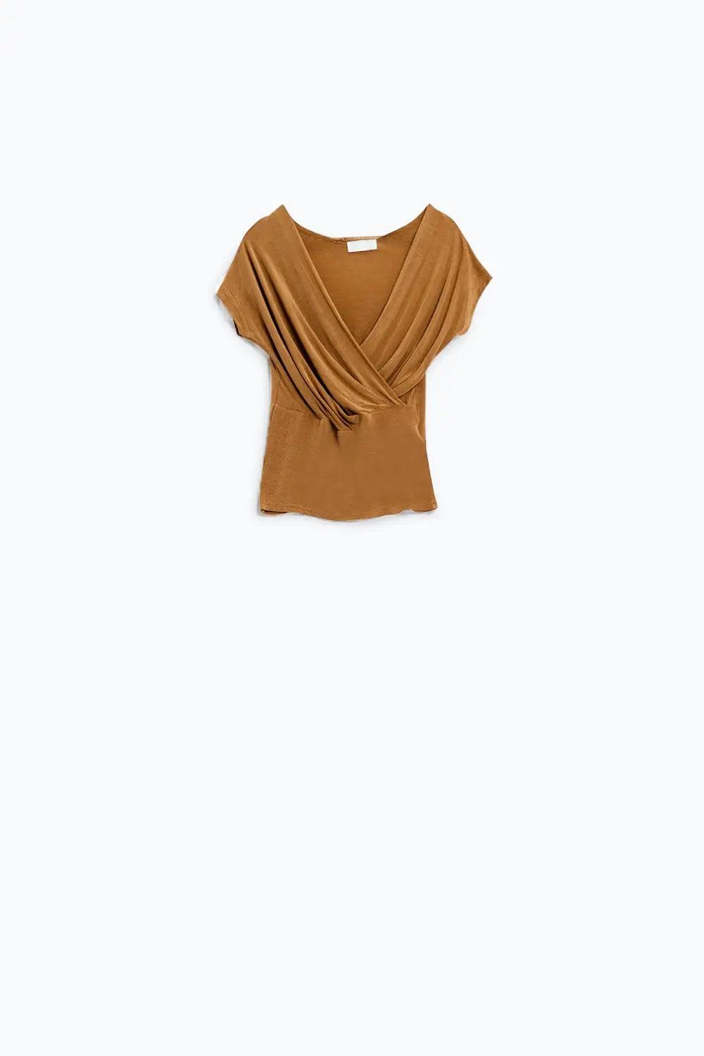 V-neck crossed drapped fitted top with cap sleeves in beige - Tops