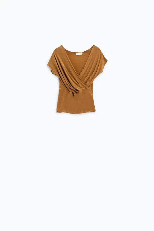 V-neck crossed drapped fitted top with cap sleeves in beige - Tops