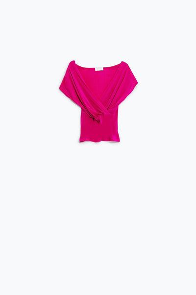 V-neck crossed drapped fitted top with cap sleeves in Fuchsia