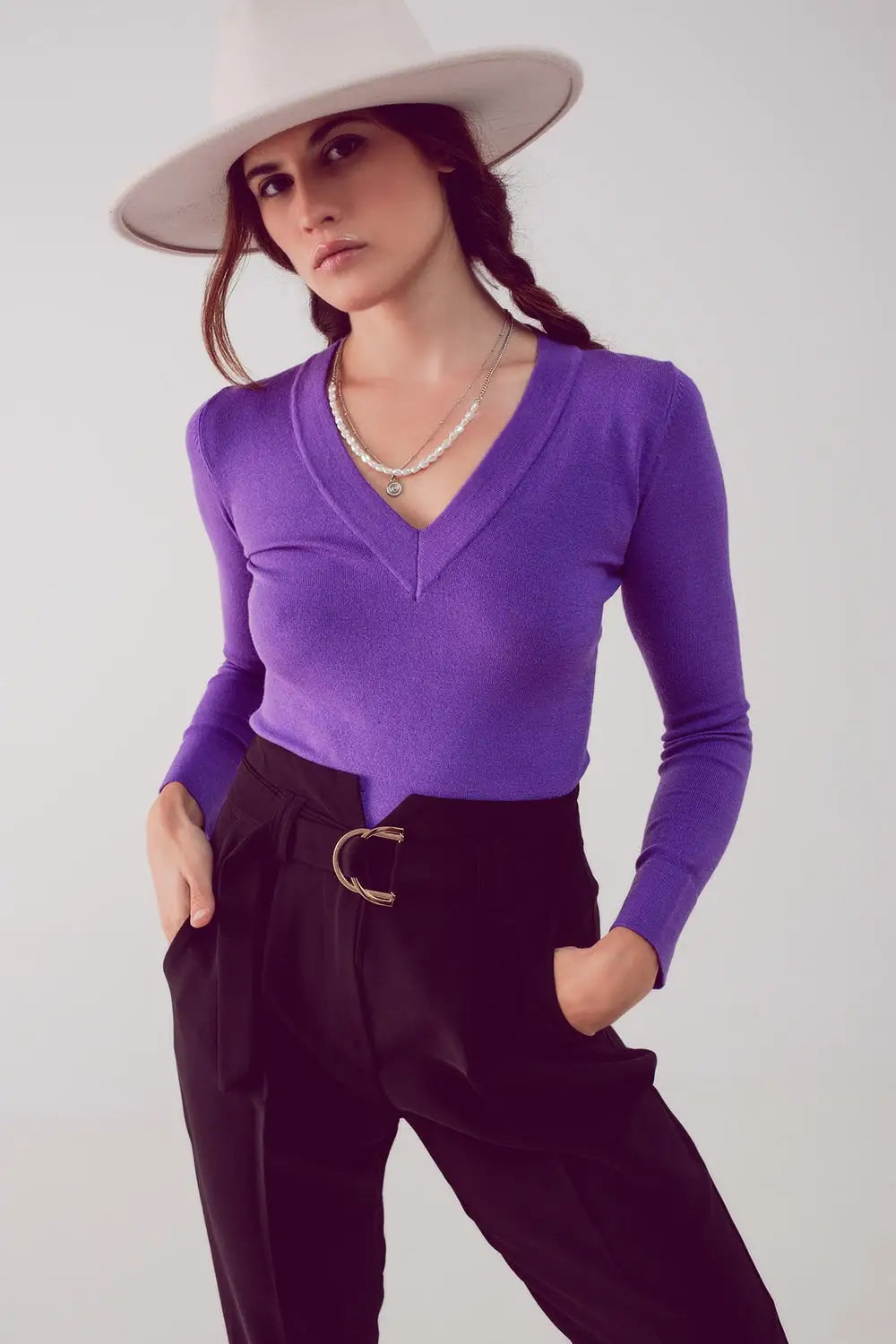V neck fine knit jumper in purple - Sweaters