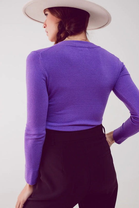 V neck fine knit jumper in purple - Sweaters