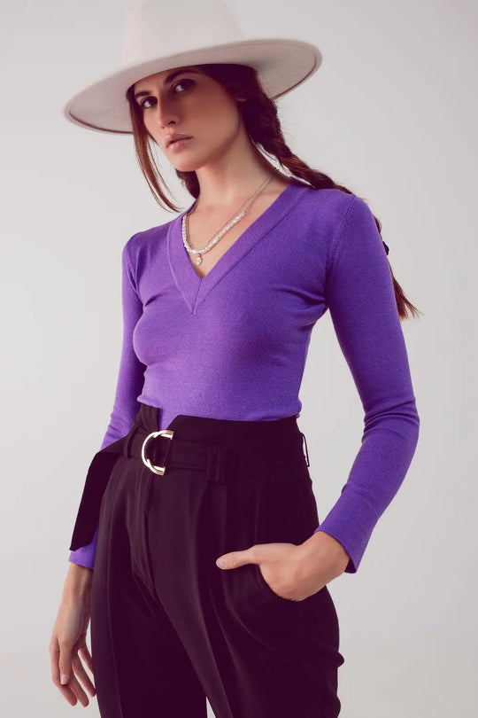 V neck fine knit jumper in purple - Sweaters
