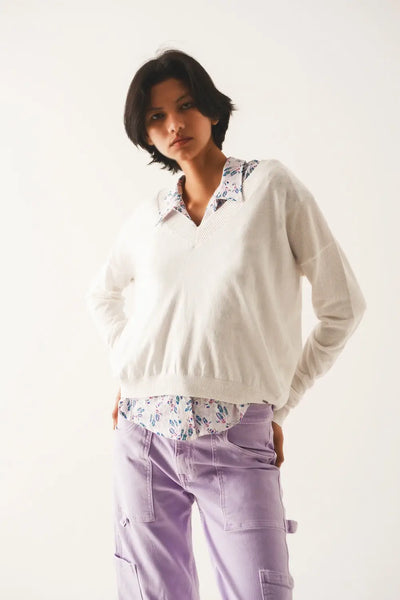 v neck fine knit sweater in cream - Sweaters