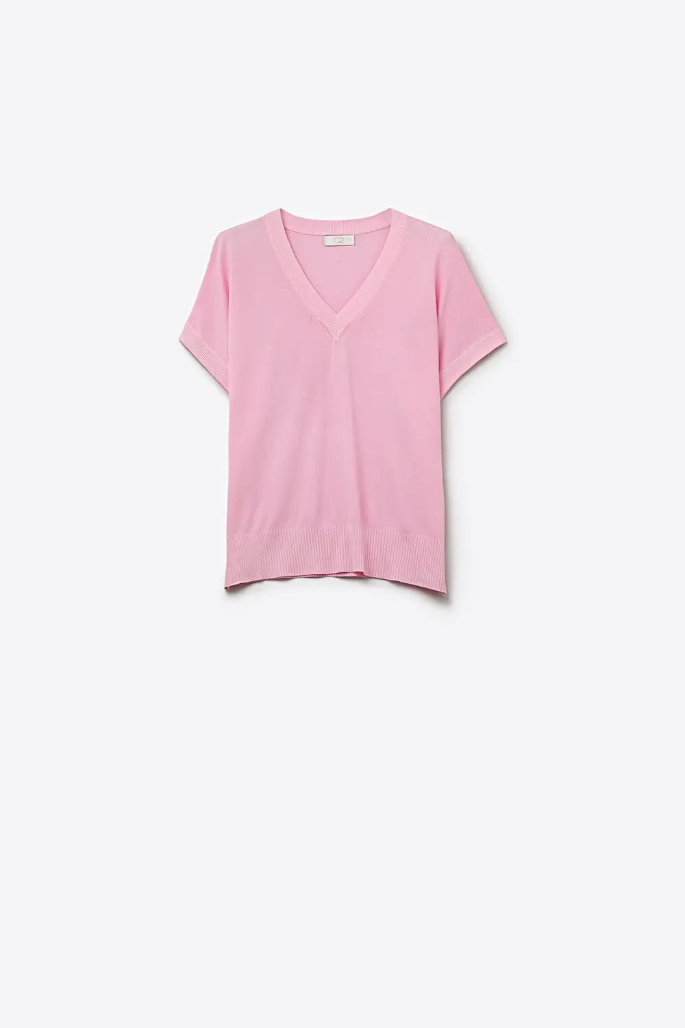 Q2 V-Neck fine Knit sweater with Ribbed Hem in pink color