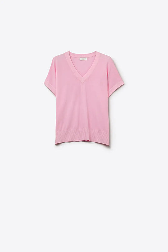 Q2 V-Neck fine Knit sweater with Ribbed Hem in pink color