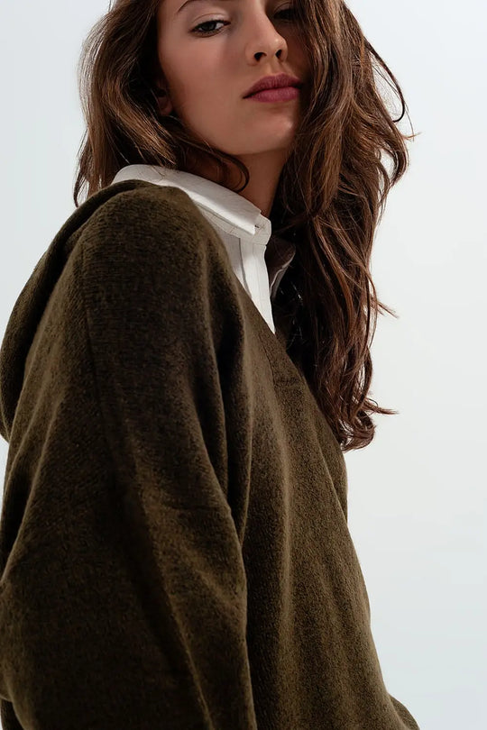 V neck hoodie jumper in green - One Size / Green - Sweaters