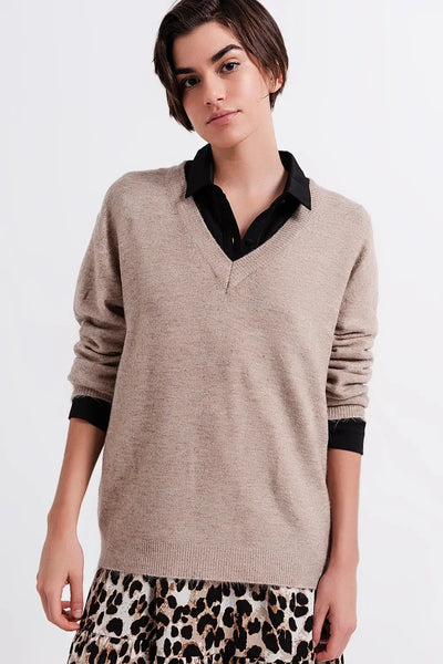 V neck jumper in brown - Sweaters