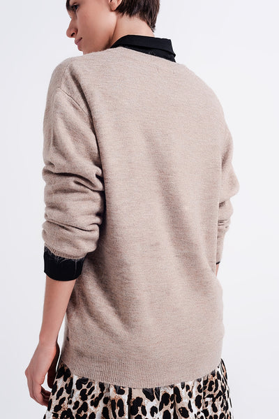 V neck jumper in brown