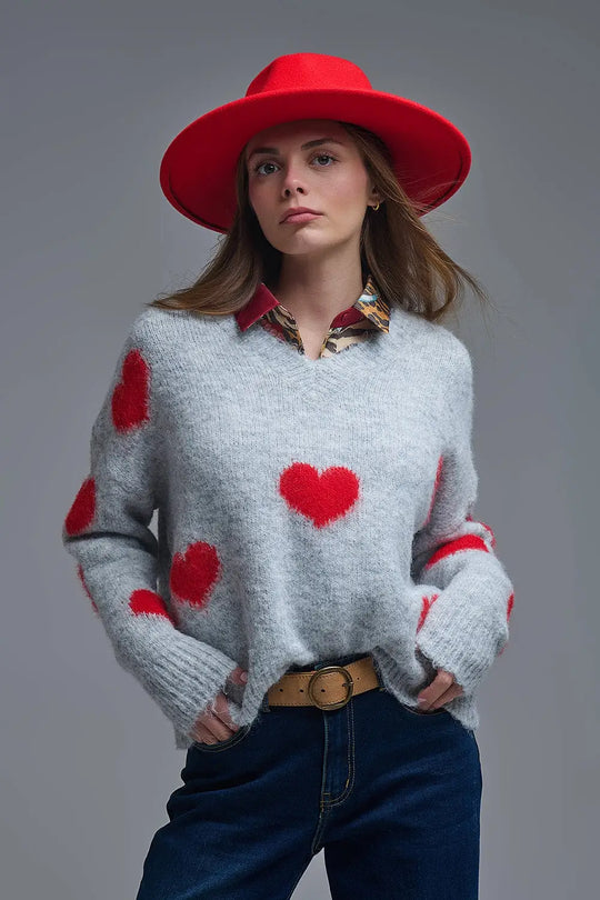 Q2 V-neck Long Sleeve grey Sweater With Red Hearts