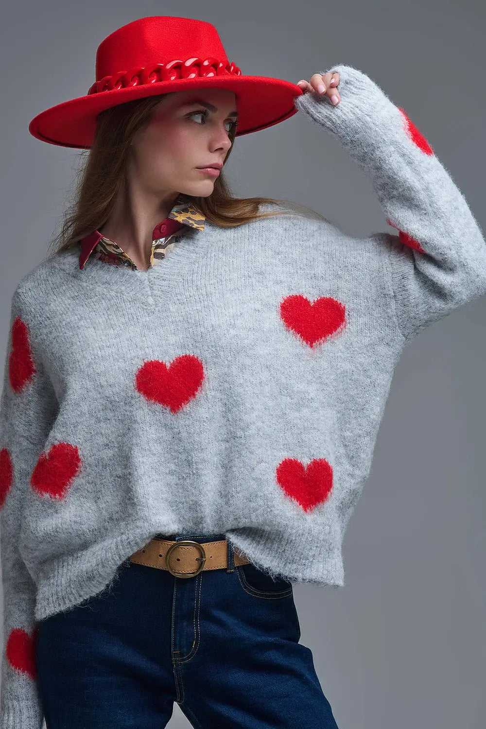 V-neck Long Sleeve grey Sweater With Red Hearts - One Size / Grey - Sweaters