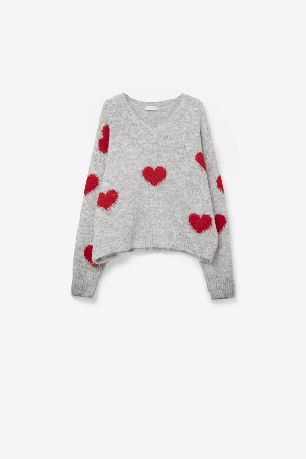 V-neck Long Sleeve grey Sweater With Red Hearts - One Size / Grey - Sweaters