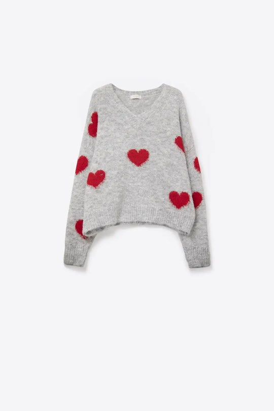 V-neck Long Sleeve grey Sweater With Red Hearts - One Size / Grey - Sweaters
