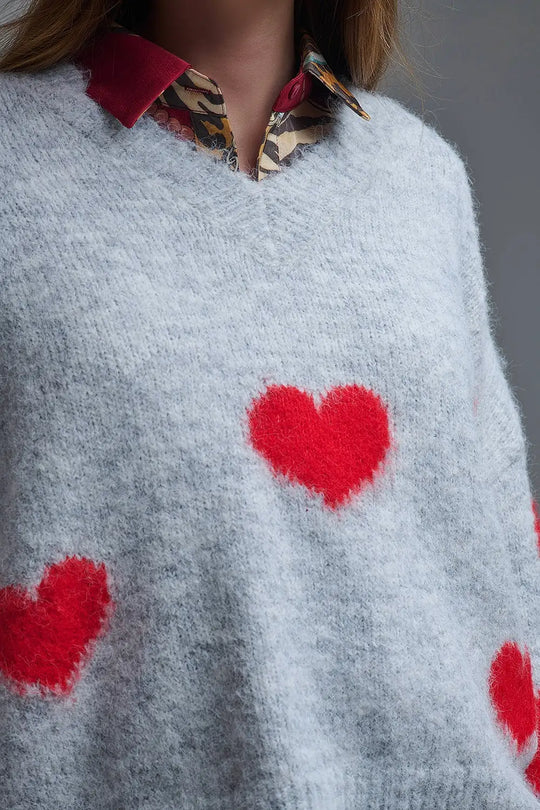 V-neck Long Sleeve grey Sweater With Red Hearts - One Size / Grey - Sweaters