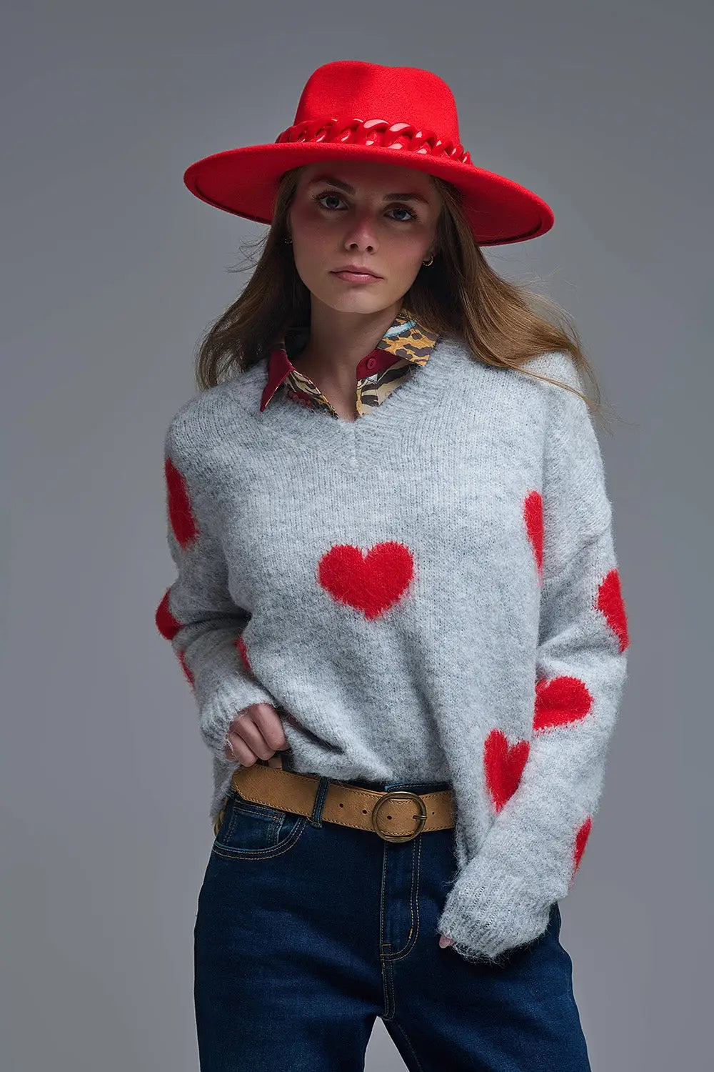 V-neck Long Sleeve grey Sweater With Red Hearts - One Size / Grey - Sweaters