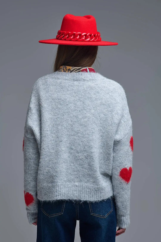 V-neck Long Sleeve grey Sweater With Red Hearts - One Size / Grey - Sweaters