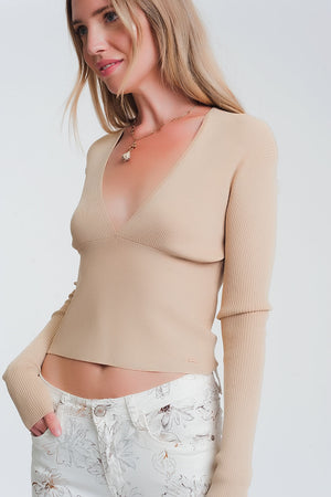 Q2 v neck ribbed sweater in beige