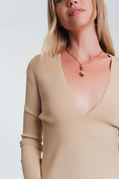 v neck ribbed sweater in beige - Sweaters