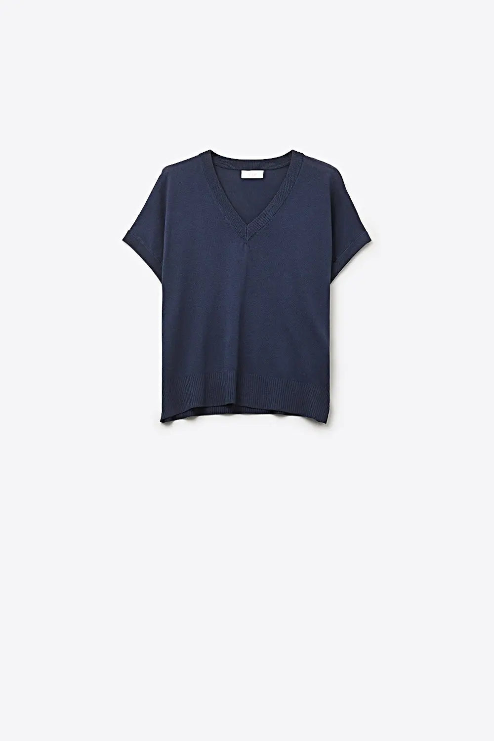 Q2 V-Neck Short Sleeve fine knit Sweater in navy
