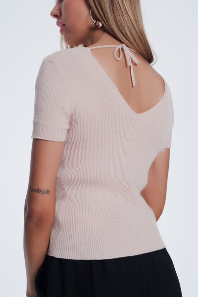 v neck short sleeve jumper in fine knit rib pink