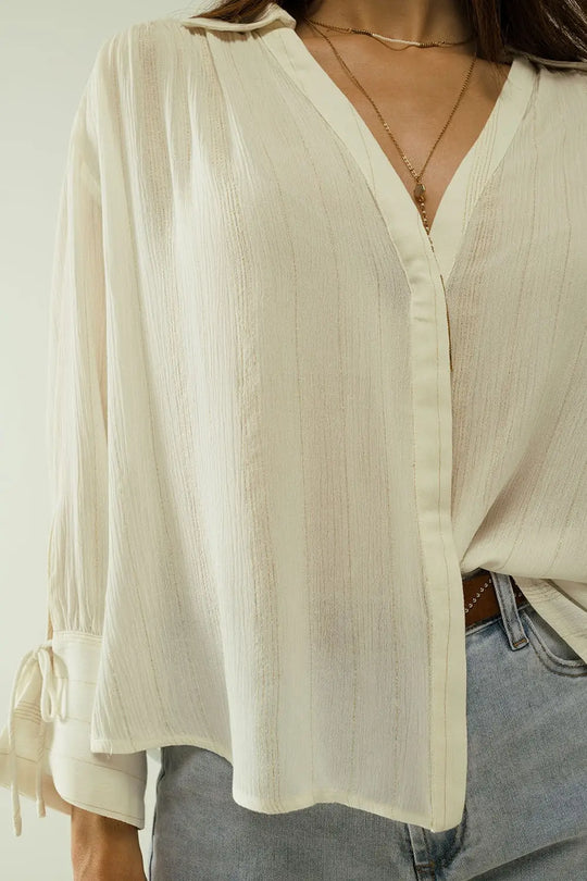 v-neck white light shirt with stripe details - Shirts