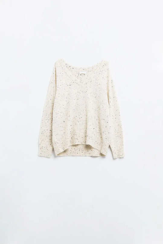 V-neck wide fit Speckled Sweater in Cream - One Size / White - Sweaters