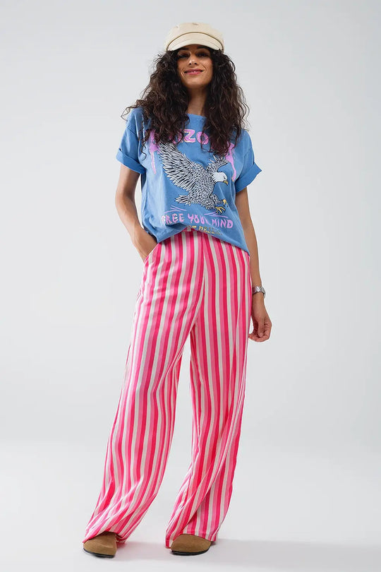 Vertical Striped Straight Leg satin Pants in Pink - Pants