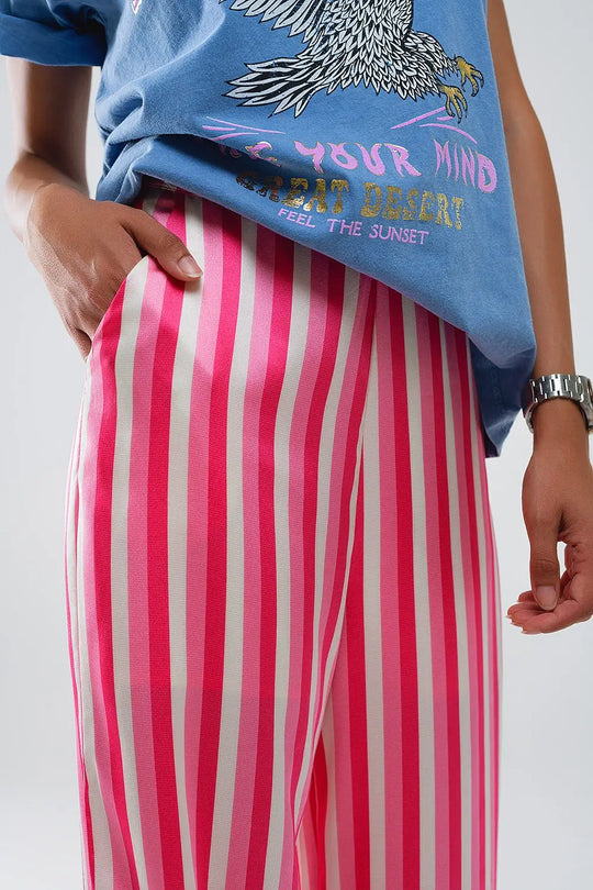 Vertical Striped Straight Leg satin Pants in Pink - Pants