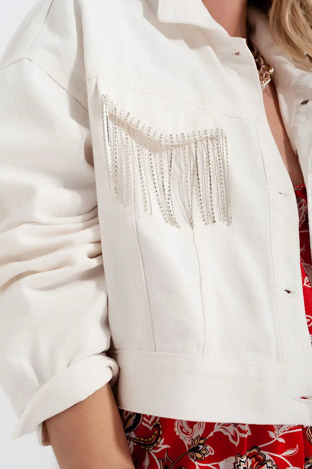 Veste blanc en jean à franges ornées de strass - Vestes