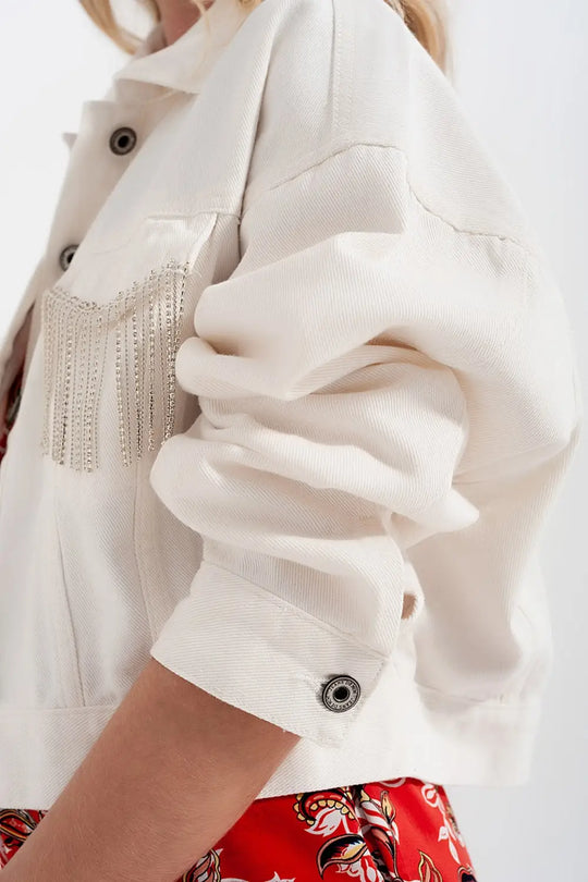 Veste blanc en jean à franges ornées de strass - Vestes