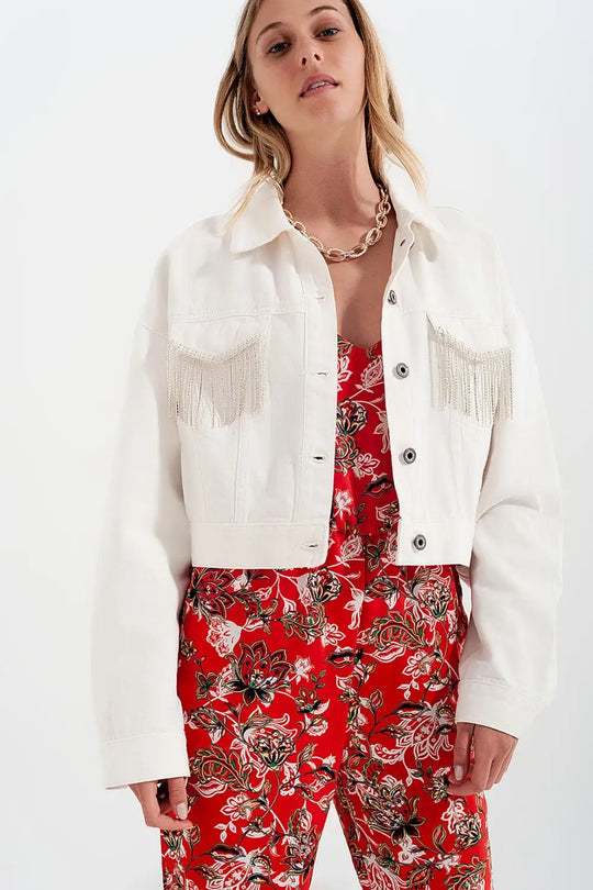 Veste blanc en jean à franges ornées de strass - Vestes