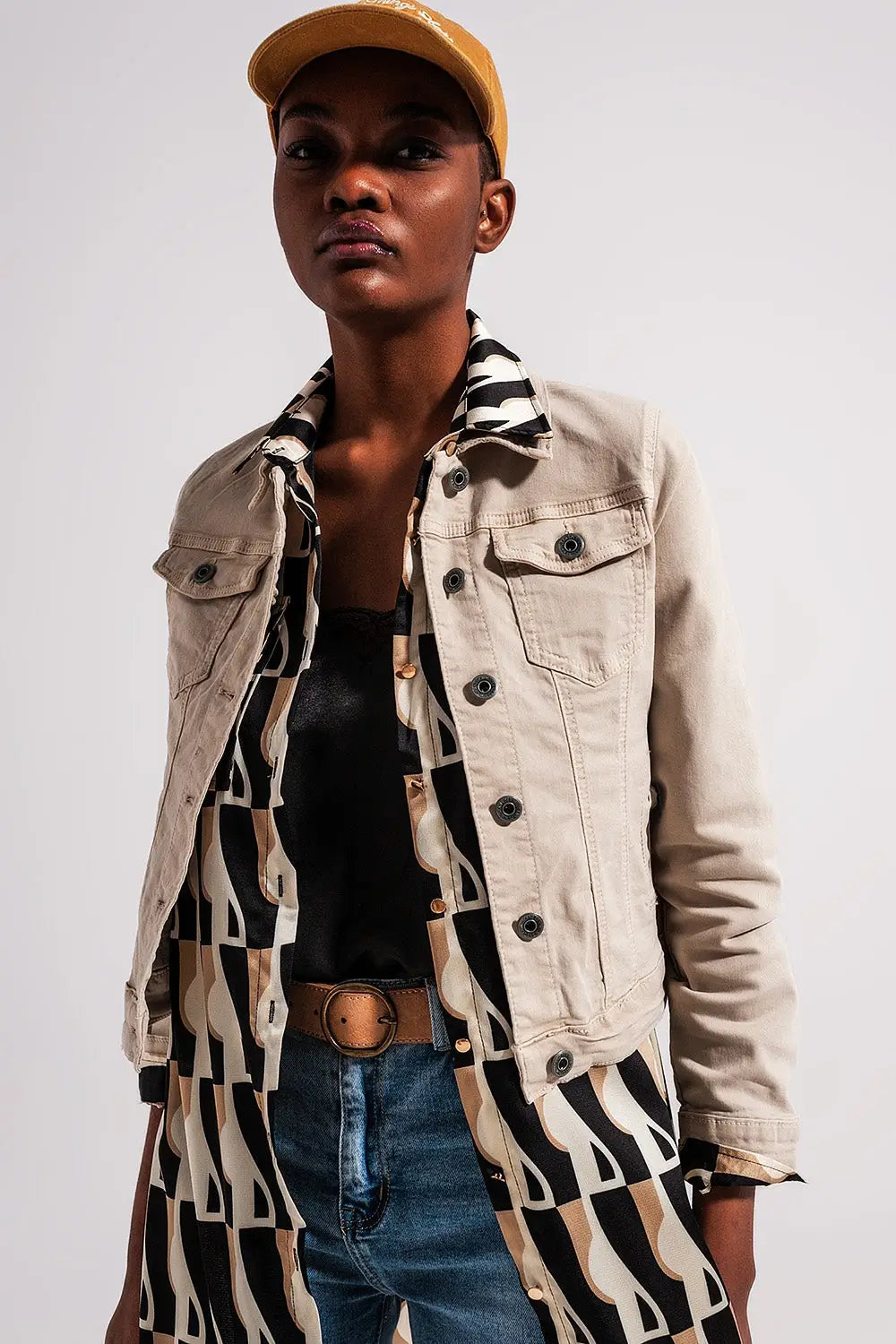 Veste camionneur ajustée en jean beige - Vestes