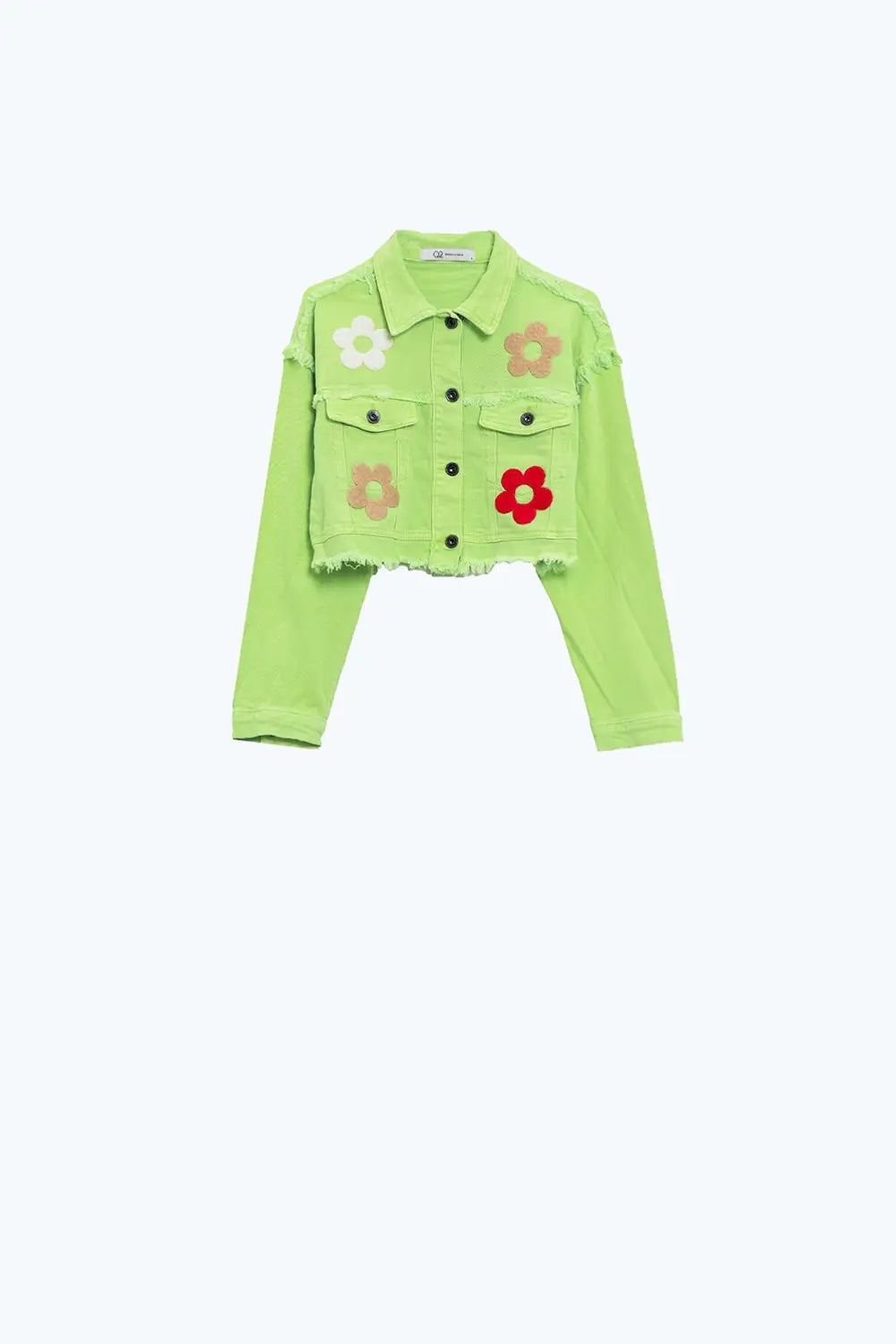 Veste courte avec poches sur la poitrine et détails floraux en vert - Vestes