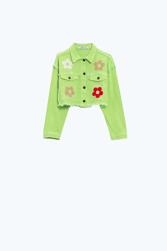 Veste courte avec poches sur la poitrine et détails floraux en vert - Vestes