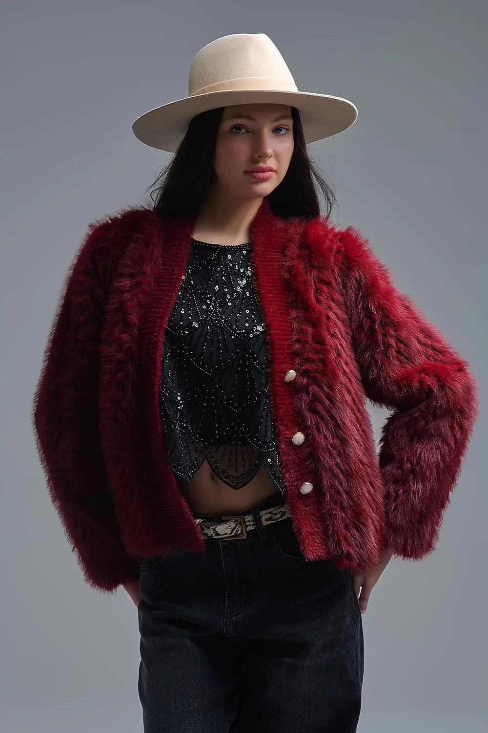 Veste courte en fourrure fine bordeaux - Vestes