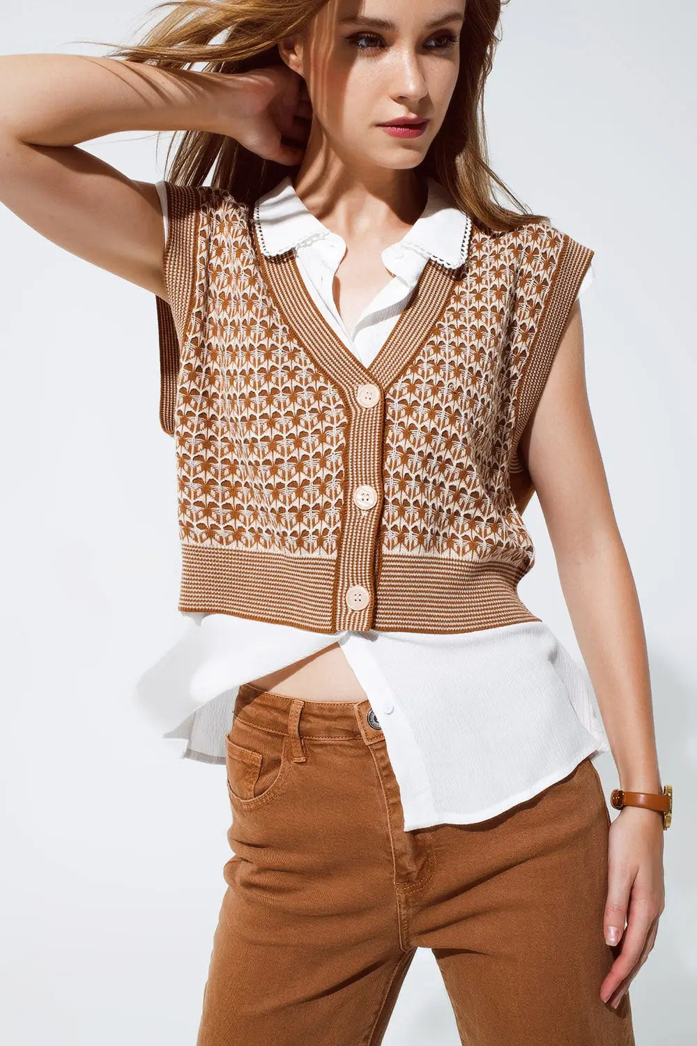 Veste courte tricotée avec ourlet côtelé marron - One Size / bleu - Pulls