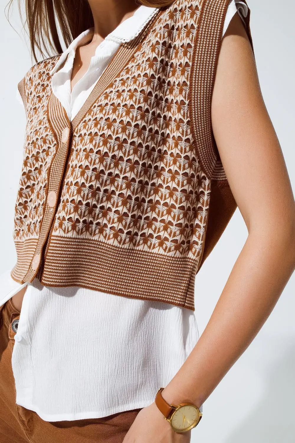 Veste courte tricotée avec ourlet côtelé marron - One Size / bleu - Pulls