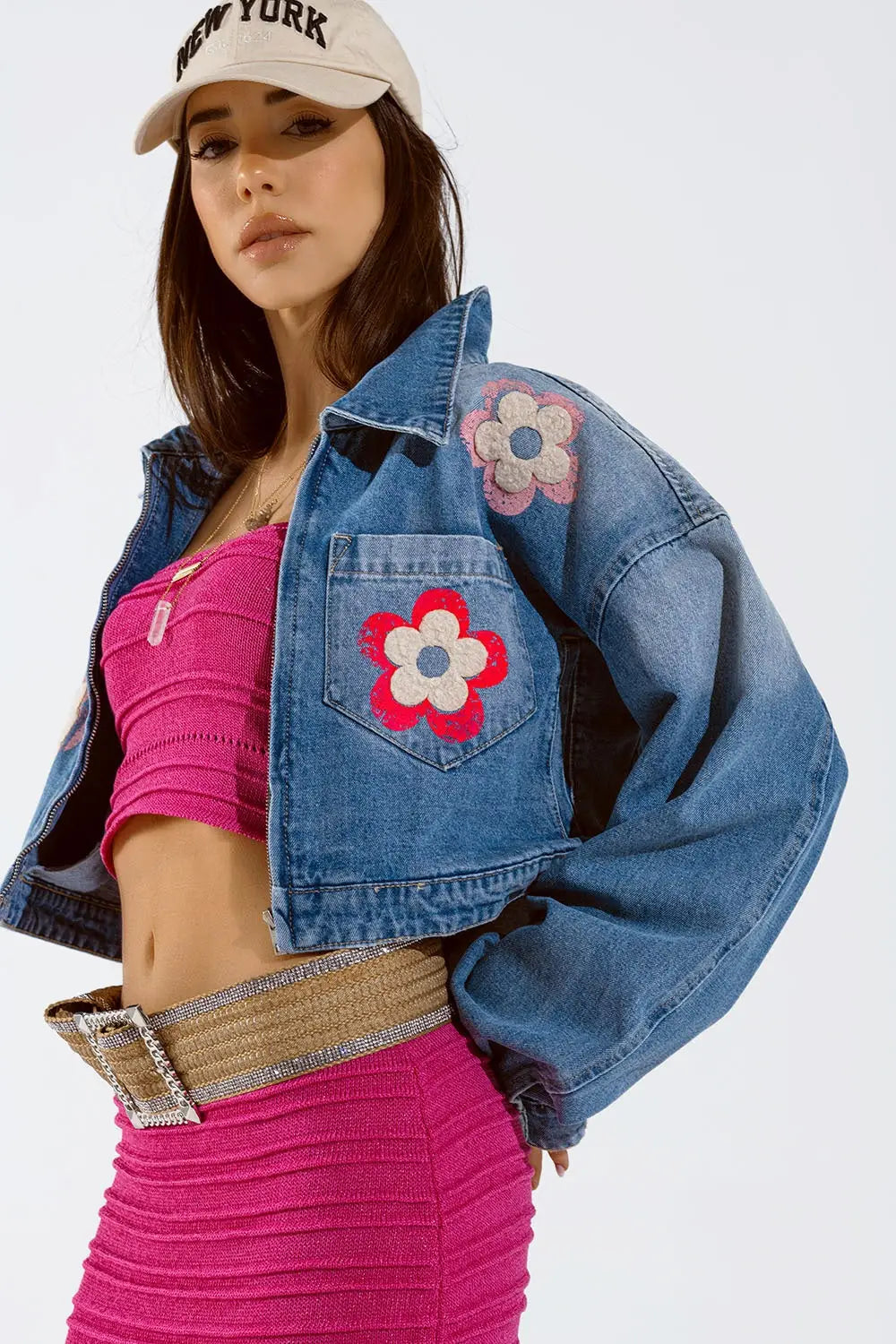 Veste croisée en denim avec détails floraux - Vestes