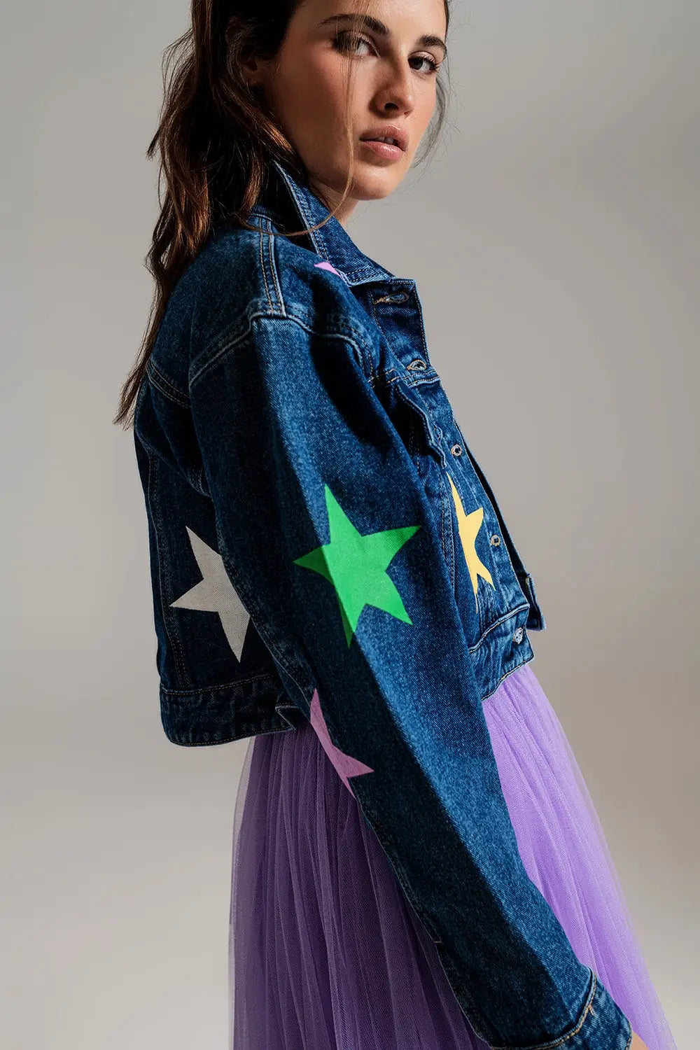 Veste en denim avec imprimé d’étoiles multicolores - Vestes