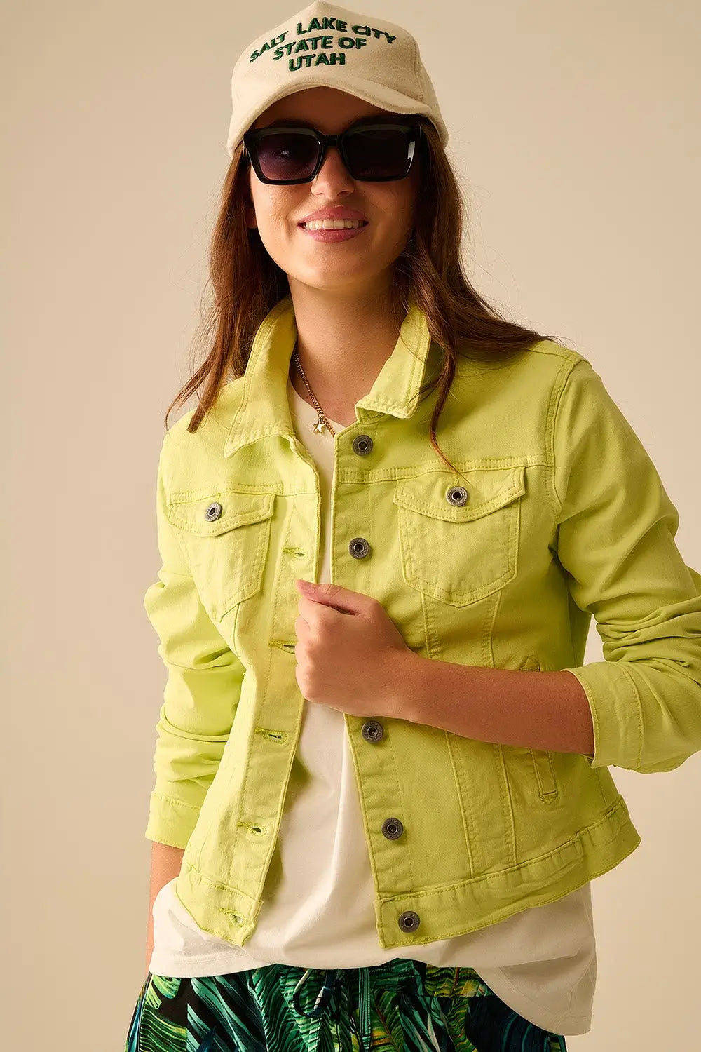Veste en denim basique élastique avec poches en vert citron - Vestes