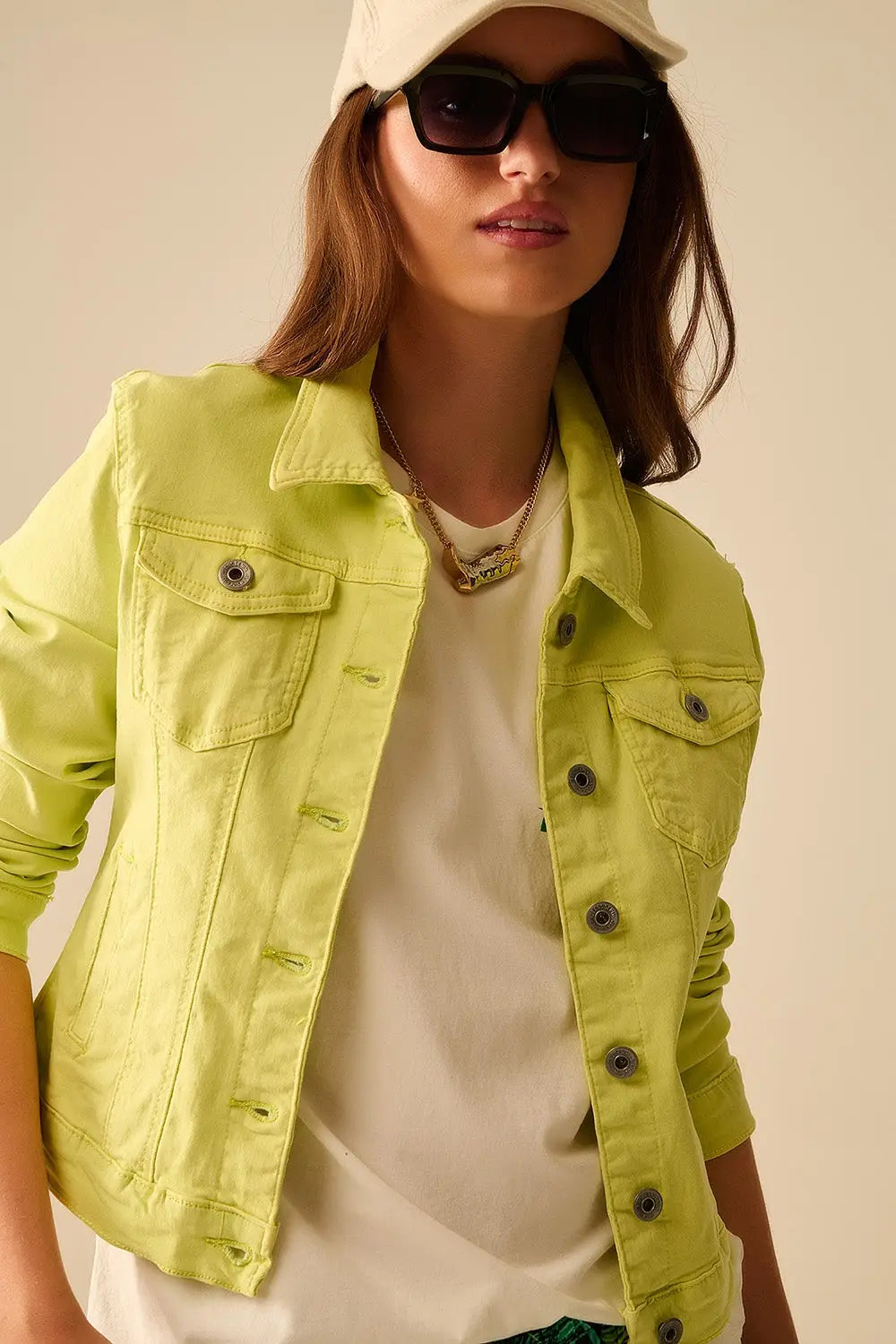 Veste en denim basique élastique avec poches en vert citron - Vestes