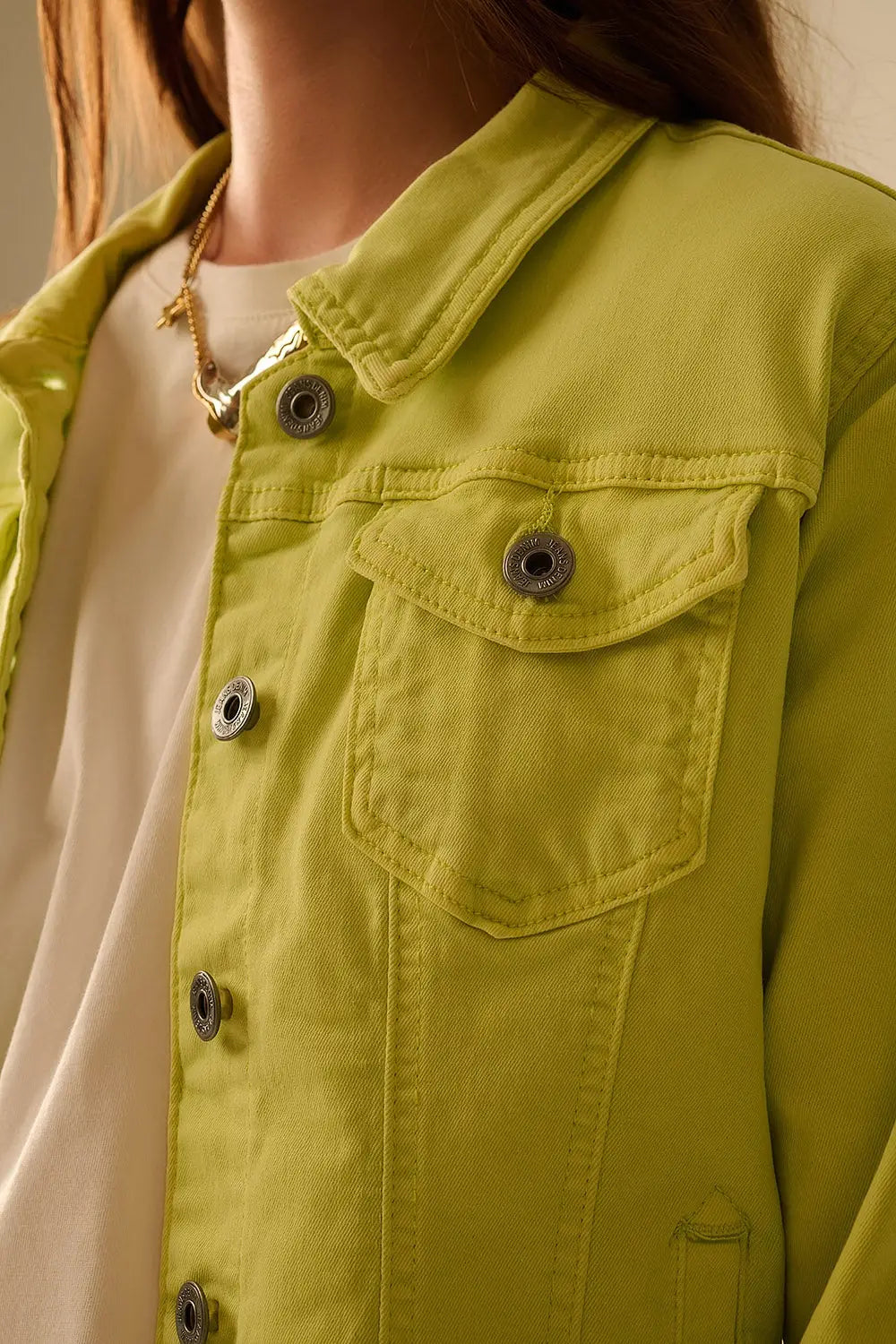 Veste en denim basique élastique avec poches en vert citron - Vestes