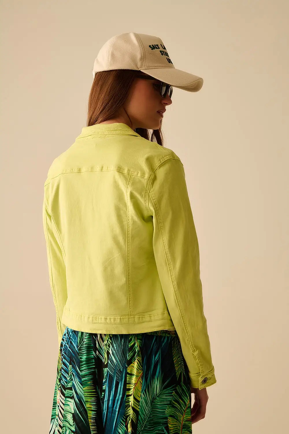 Veste en denim basique élastique avec poches en vert citron - Vestes