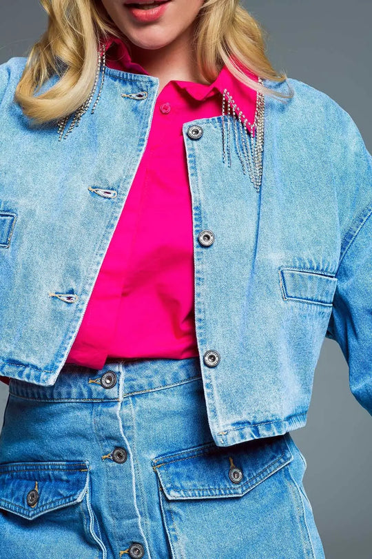 veste en denim décontractée avec poches passepoilées sur la poitrine en délavage léger - Vestes