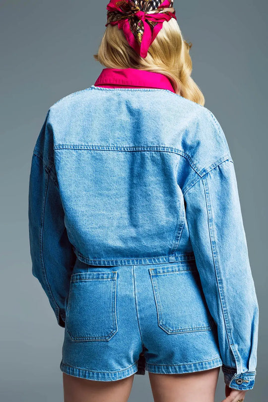 veste en denim décontractée avec poches passepoilées sur la poitrine en délavage léger - Vestes