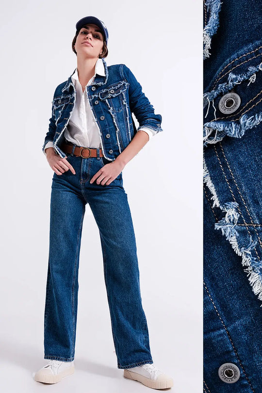 Veste en denim délavé avec motif effiloché et ourlet non fini - Vestes