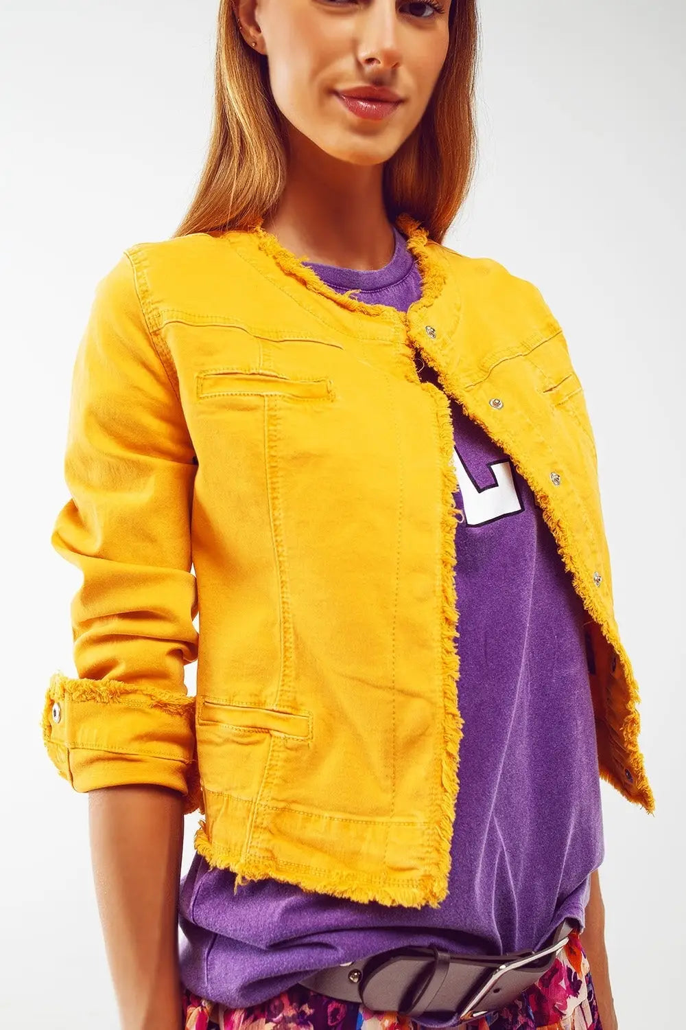 Veste en jean à bouts effilochés jaune - Vestes