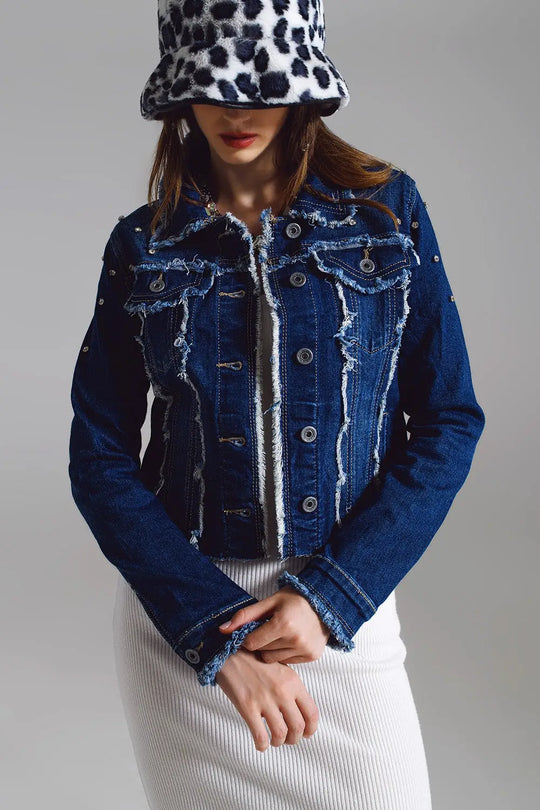 Veste en denim avec des détails effilochés et brodés en Midwash - Vestes